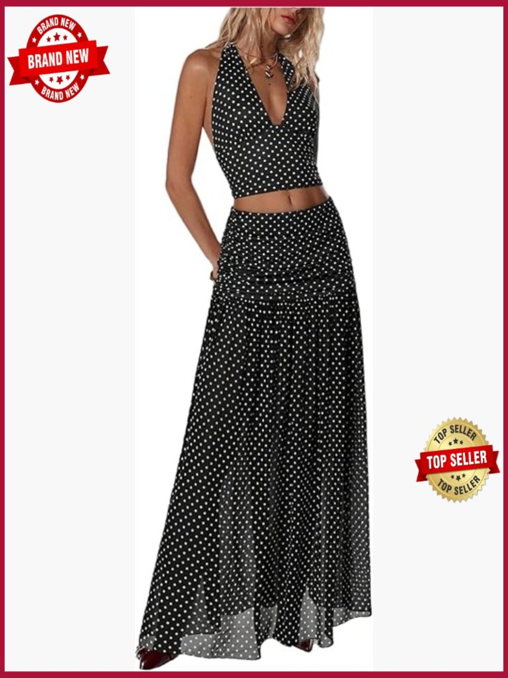 2 Piece Skirt Set Halter Crop Top & Maxi Skirt Polka Dots Party Outfit